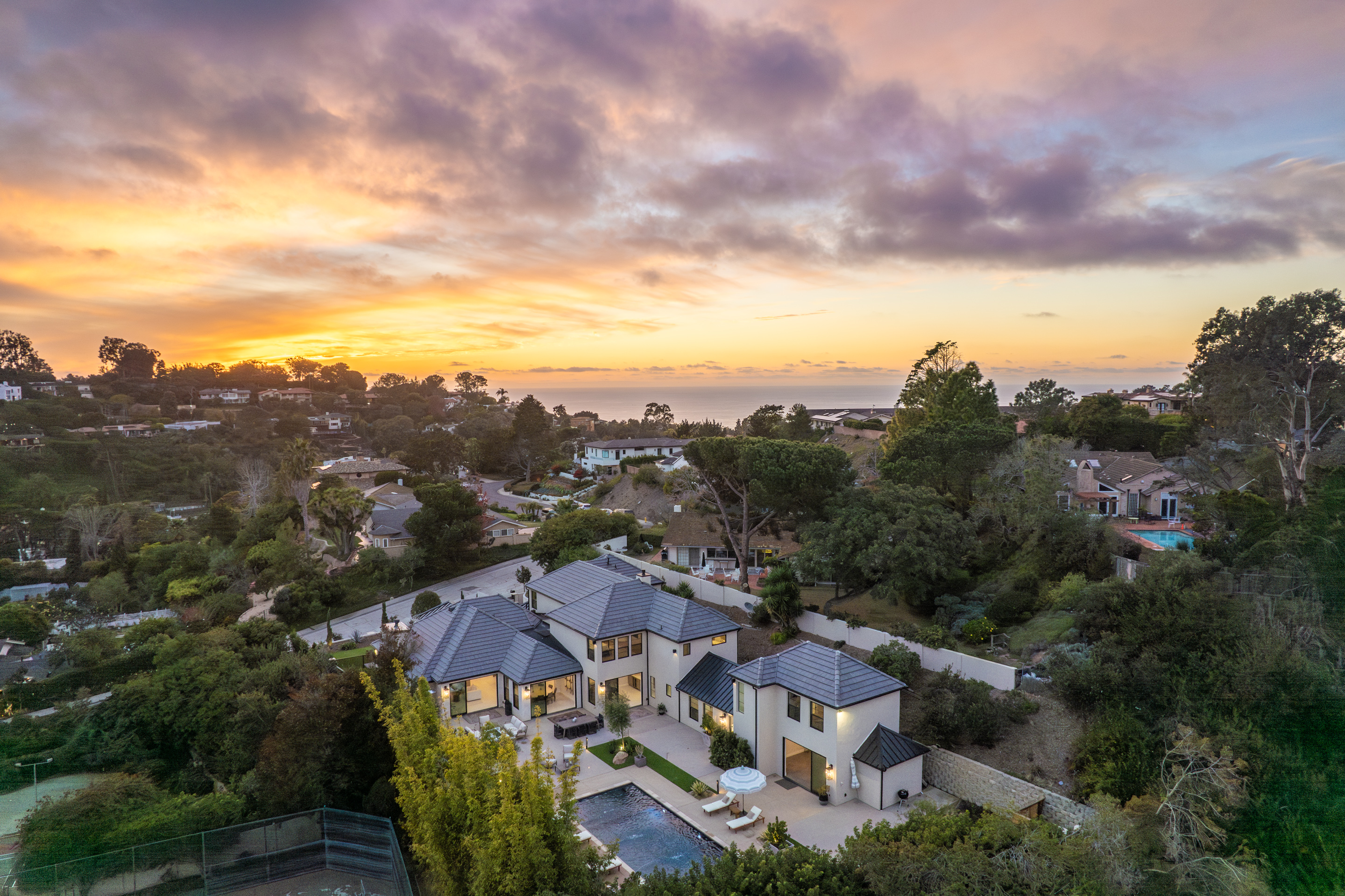 San Diego coastal property, aerial sunset view